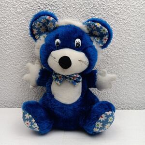 Fun Street Mouse Plush Bright Blue Fur Daisy Floral Cloth Ears Bow Tie Paws Vtg